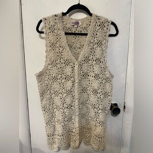 Vintage 90s Style Silktime Cream Crochet Vest, Y2K Boho Cottagecore Large